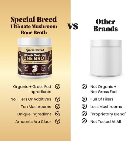 Beef Bone Broth for Dogs - Dog Bone Broth Powder with Ten Organic Mushrooms - High Protein + Ten Mushroom Supplement for Joint Flexibility, Immune Support, Cognition, Vitality, Hydration - 180 Scoops