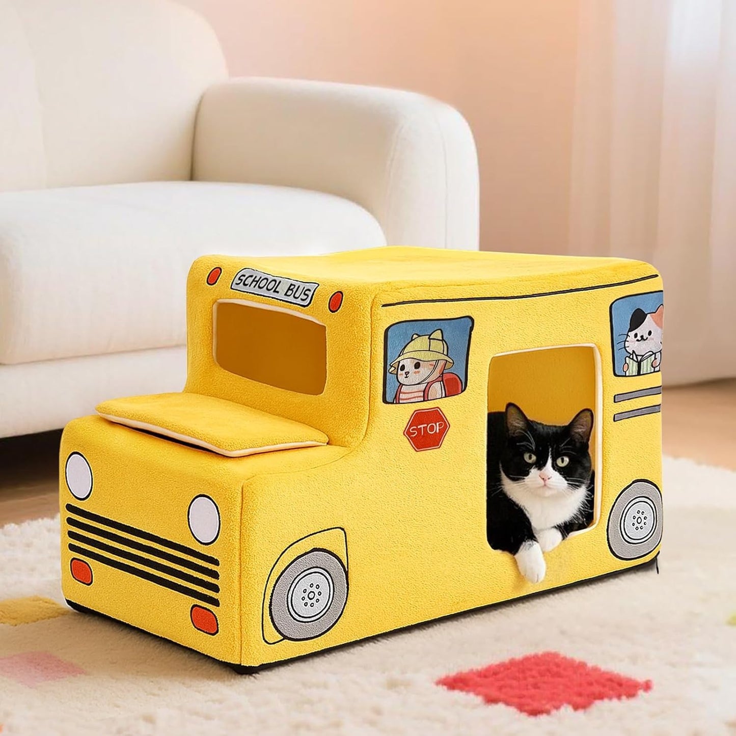 Cute Cat Beds Kitten Beds, Soft Small Dog Beds, Washable Pet Beds for Puppy and Kitty, Funny School Bus Cat Cave, 23 Inches