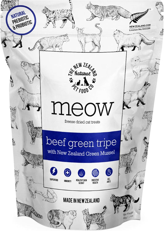 The New Zealand Natural Pet Food Co MEOW Freeze Dried Cat Treats - Beef Green Tripe with New Zealand Green Mussel, High Protein, Healthy Cat Snacks and Toppers, All Natural for all Life Stages, 1.4 oz