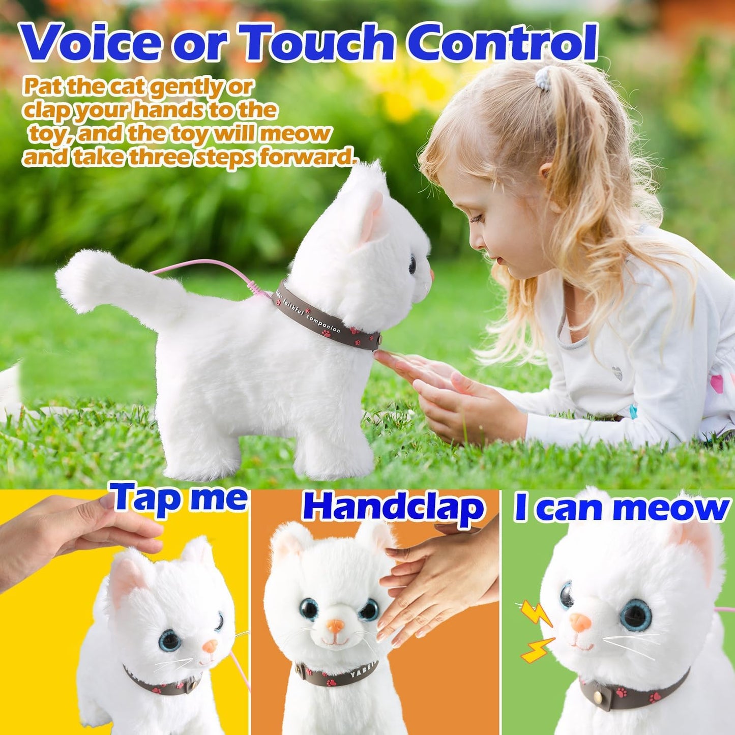White Leash Walking Cat Set Singing That Purrs and Meows Animated Plush Robot Kitten Pet Moving Plush Realistic Stuffed Animal Remote Control Cute Kawai Robotic Kitty Toy for Kid