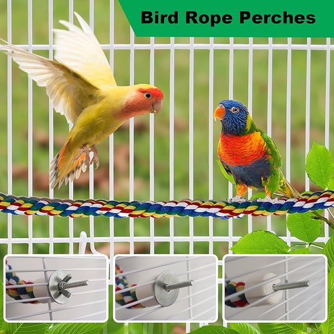 24-Inch Bird Rope Perch (0.8'' Diameter) + 2 Volcanic Stone Bird Stands - Beak & Claw Care for Small/Medium Birds, Natural & Stable Birds Perch