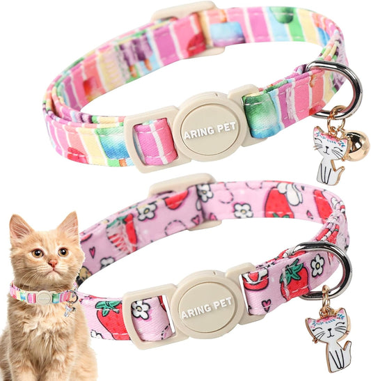ARING PET 2 Pack Cat Collars-Cute Breakaway Cat Collar with Bell & Pendant, Adjustable Strawberry&Ice Cream Pattern Kitten Collars with Safety Buckle for Girl and Boy Cats