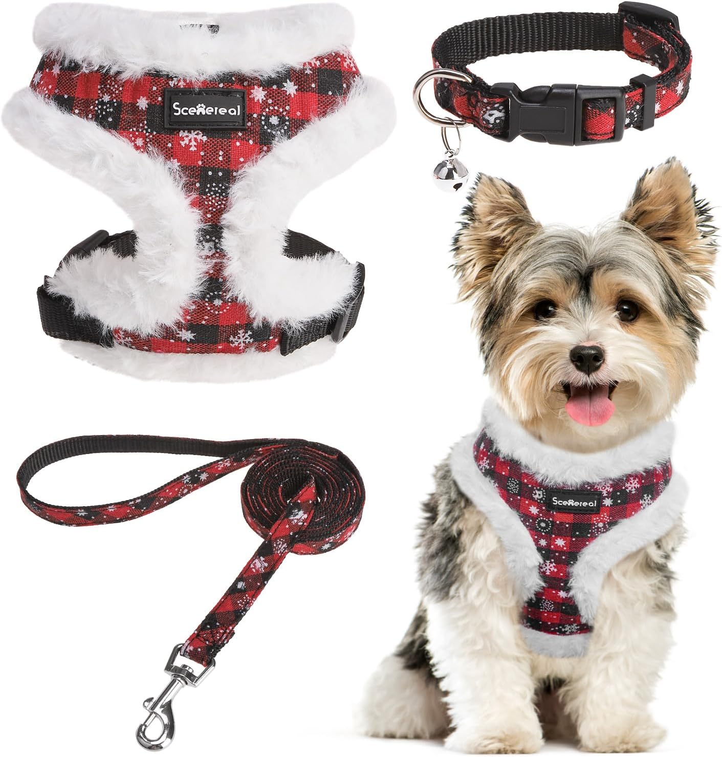 SCENEREAL Dog Christmas Harness Collar and Leash Set, Warm Fleece No Pull Puppy Vest Harnesses No Chock Adjustable Step in Small Pet Halter for Outdoor Walking Training, Black Red Plaid XS