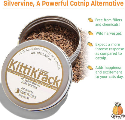 KittiKrack Rock Organic Silvervine Catnip Substitute for Cats & Kittens | All-Natural Wild Harvested Silvervine Granules | 4 Refills for TWINCRITTERS Refillable Plush Cat Toys | 10g