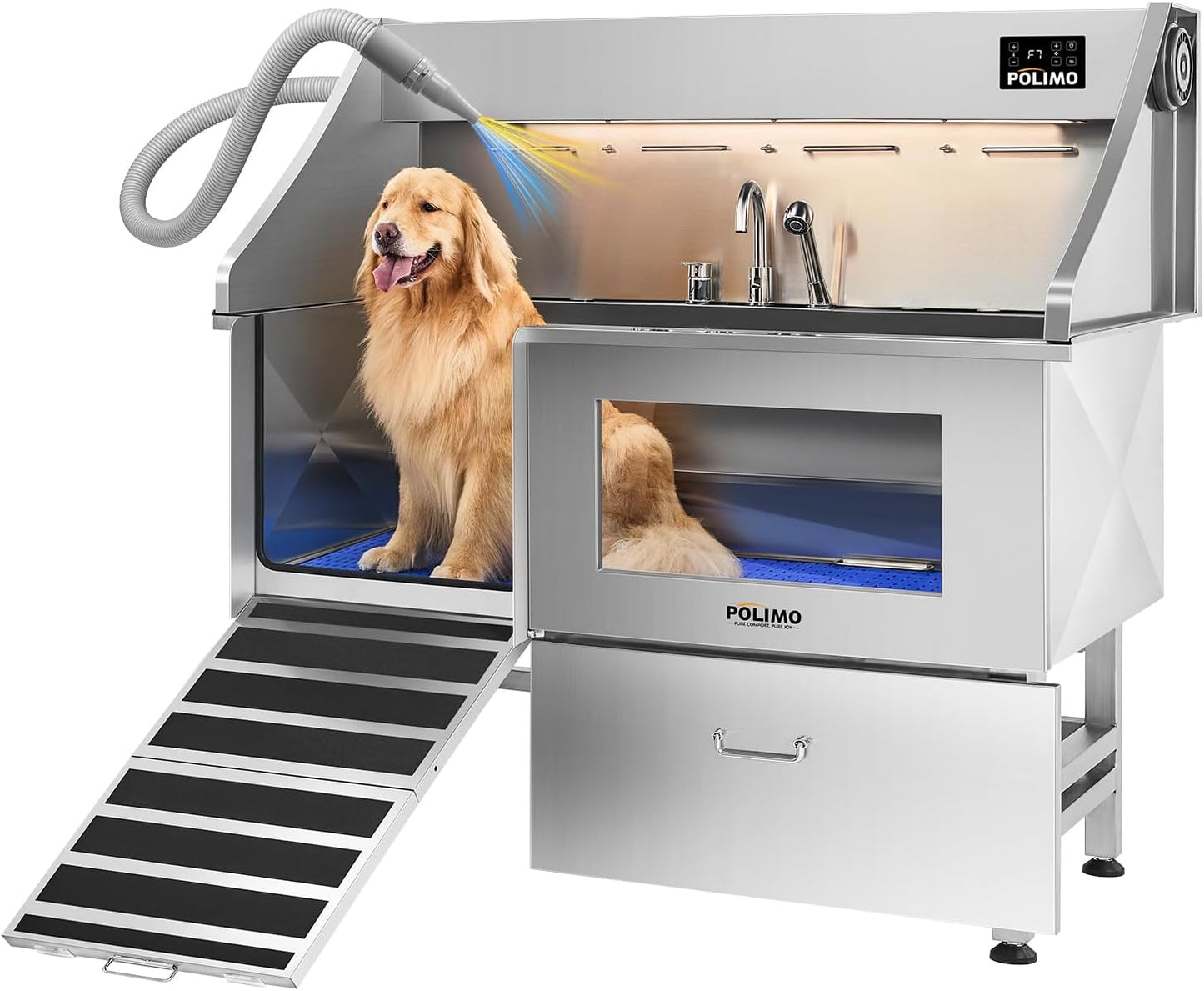 POLIMO Dog Wash Station with Pet Dryer & LED, Professional Dog Bathing Station for Large, Medium & Small Dogs – with Window, Ramp, Drawer, Floor Grate, LED Display & Faucet (Left RAMP & Dryer, 61")