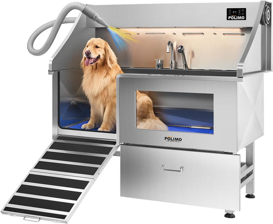 POLIMO Dog Wash Station with Pet Dryer & LED, Professional Dog Bathing Station for Large, Medium & Small Dogs – with Window, Ramp, Drawer, Floor Grate, LED Display & Faucet (Left RAMP & Dryer, 61")