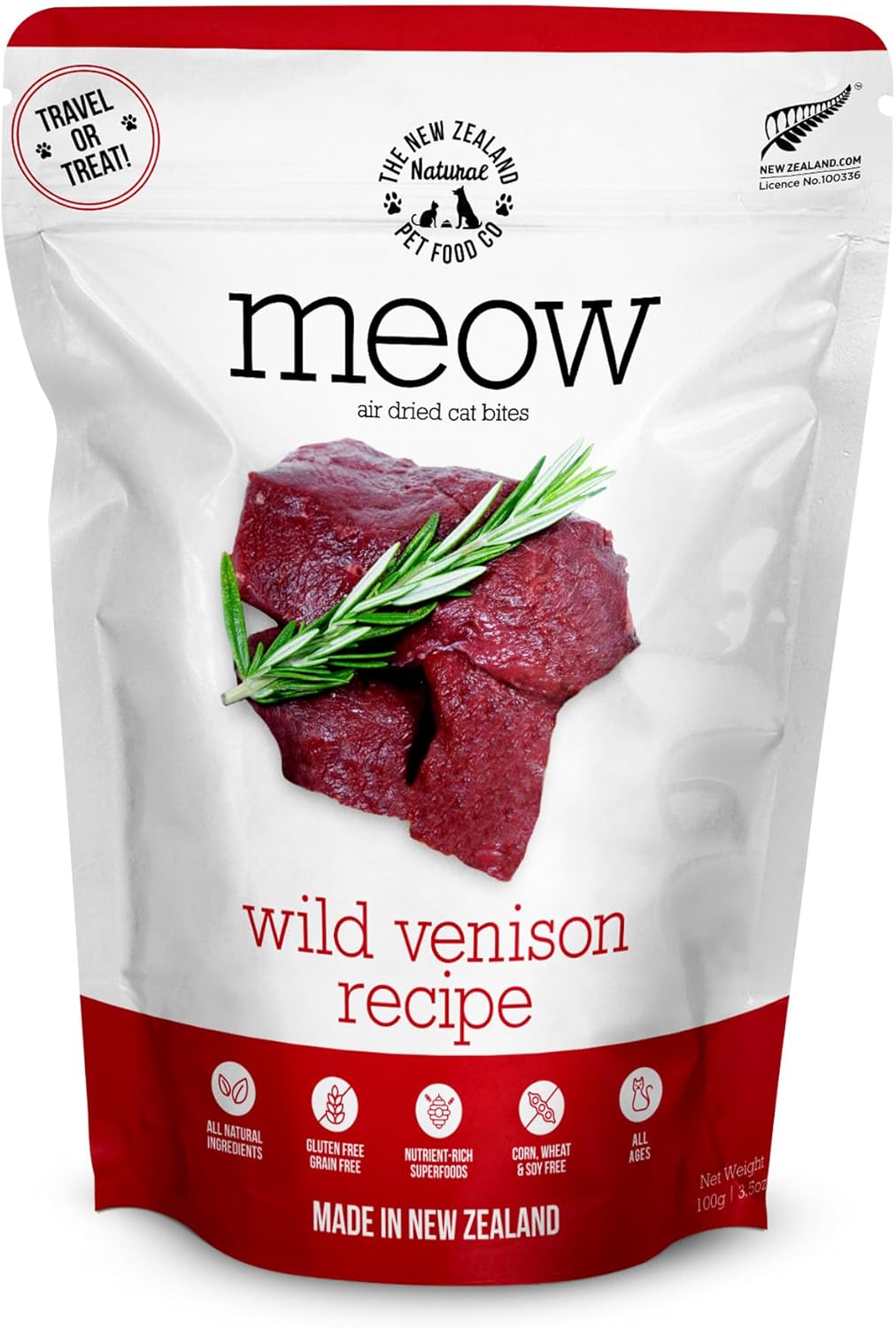 The New Zealand Natural Pet Food Co Meow Air Dried Cat Food - Venison Recipe, High Protein Dry Food, Use as a Complete Diet, Topper, Mixer, or as Cat Training Treats, All Life Stages,3.5 oz