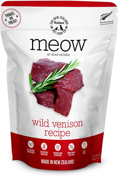 The New Zealand Natural Pet Food Co Meow Air Dried Cat Food - Venison Recipe, High Protein Dry Food, Use as a Complete Diet, Topper, Mixer, or as Cat Training Treats, All Life Stages,3.5 oz