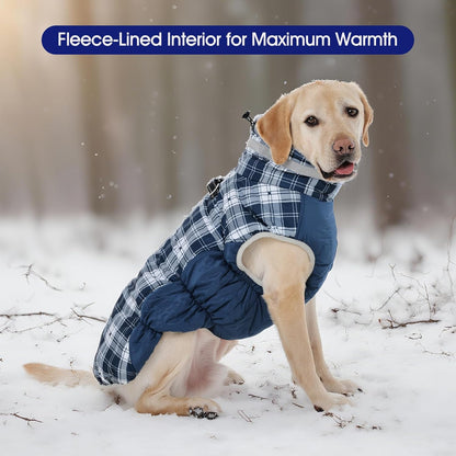 FUAMEY Dog Coat for Large Dogs,Waterproof Dog Winter Jacket with Harness Built in Puppy Cold Weather Coats Reflective Pet Vest with Zipper Warm Fleece Dogs Snowsuit Windproof Blue Plaid L