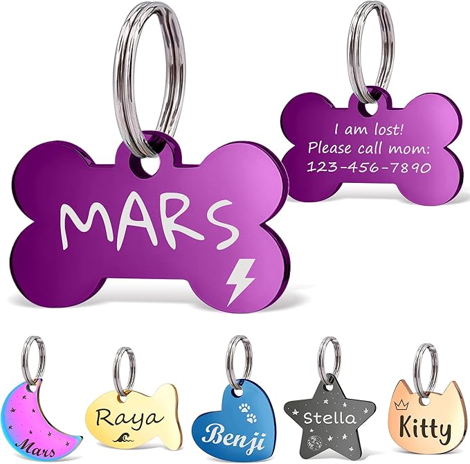 Anavia Small Size Dog Cat ID Tags, Small/XS Personalized Color Plated Stainless Steel Puppy Kitten Name Tags, Customized Engraved Nameplate Pet Collar Tag (Purple, Bone)