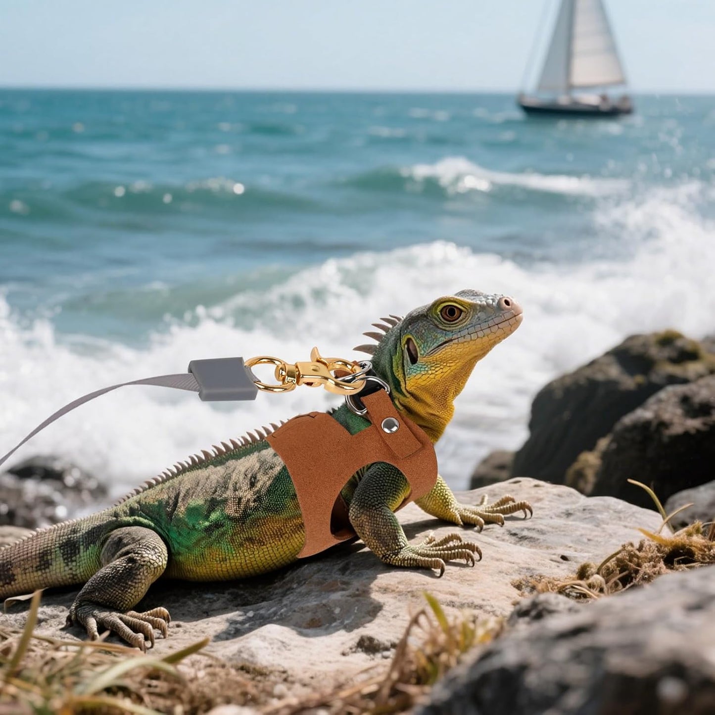 3 Pack Bearded Dragon Harness and Leash Set, Bearded Dragon Leash, Soft Leather Harness with 6.56FT/2M Retractable Leash, Small Animal Easy Walk Harness for Ferret, Rabbit, Hamster, Lizard (Brown)