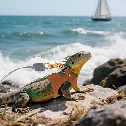 3 Pack Bearded Dragon Harness and Leash Set, Bearded Dragon Leash, Soft Leather Harness with 6.56FT/2M Retractable Leash, Small Animal Easy Walk Harness for Ferret, Rabbit, Hamster, Lizard (Brown)