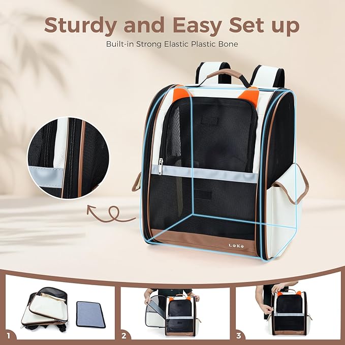 Lekereise Ventilated Cat Backpack Carrier, Pet Carrier Backpack Airline Approved for Small Dogs Medium Cats Fit Up to 18 Lbs, Dogs Foldable Backpack Carrier for Travel, Hiking, Beige-Orange Ears