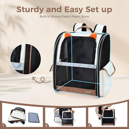 Lekereise Ventilated Cat Backpack Carrier, Pet Carrier Backpack Airline Approved for Small Dogs Medium Cats Fit Up to 18 Lbs, Dogs Foldable Backpack Carrier for Travel, Hiking, Beige-Orange Ears