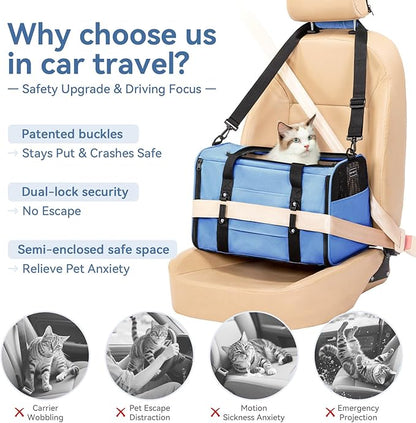 PETSFIT Cat Car Carrier for Small/Medium Cats Dogs, 18"x11"x11" Airline Approved Cat Carrier, with Patent Safety Buckles and Escape-Proof Zipper - Safeguarding Car Travel, Airplane, Vet, Outdoor