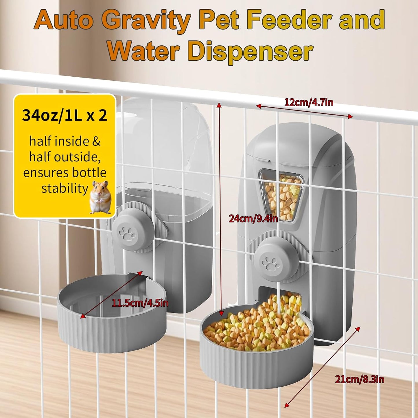 Rabbit Automatic Food Feeder and Water Dispenser Bunny Gravity Feeding Station Waterer Set Hanging Self-Dispensing Feeder for Ferret,Guinea Pigs Chinchillas Hedgehog (Yellow)