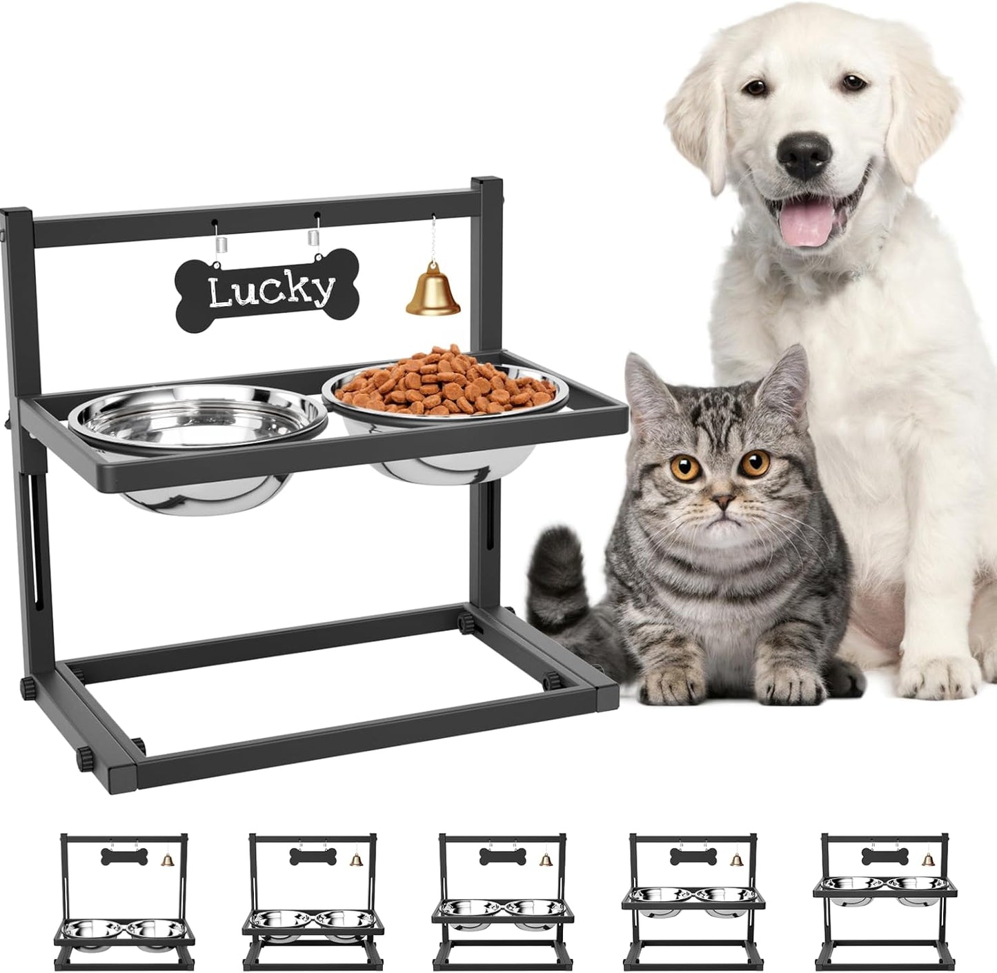 Elevated Dog Bowls for Medium and Small Dogs, 5 Adjustable Height, Raised Dog Bowl Stand with 2 Stainless Steel Dogs Food Bowls, Metal Strong Pet Bowls Elevated