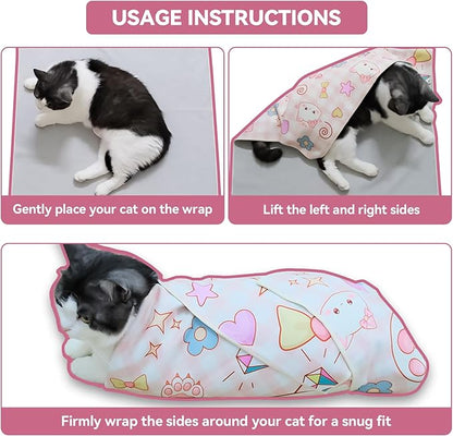 Cat Grooming Wrap for Cutting Nails, 31.5" Anti-Escape Calming Cat Swaddle Wrap for Medicine, Nail Clipping, Teeth Brushing, Ear Cleaning, Self-Adherent Burrito Restraint, (Happy Kitty, XL)