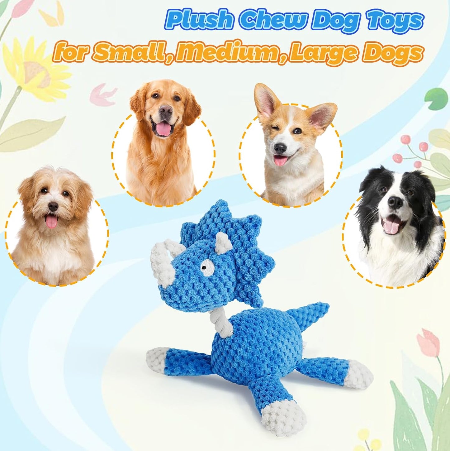 4-Pack Squeaky Dog Toys Set Plush Dog Toy with Rope for Small Medium Dogs Bundle Dog Chew Toys; Giraffe, Elephant, Cow and Dinosaur Interactive Dog Toy Stuffed Animals Toys to Keep Them Busy