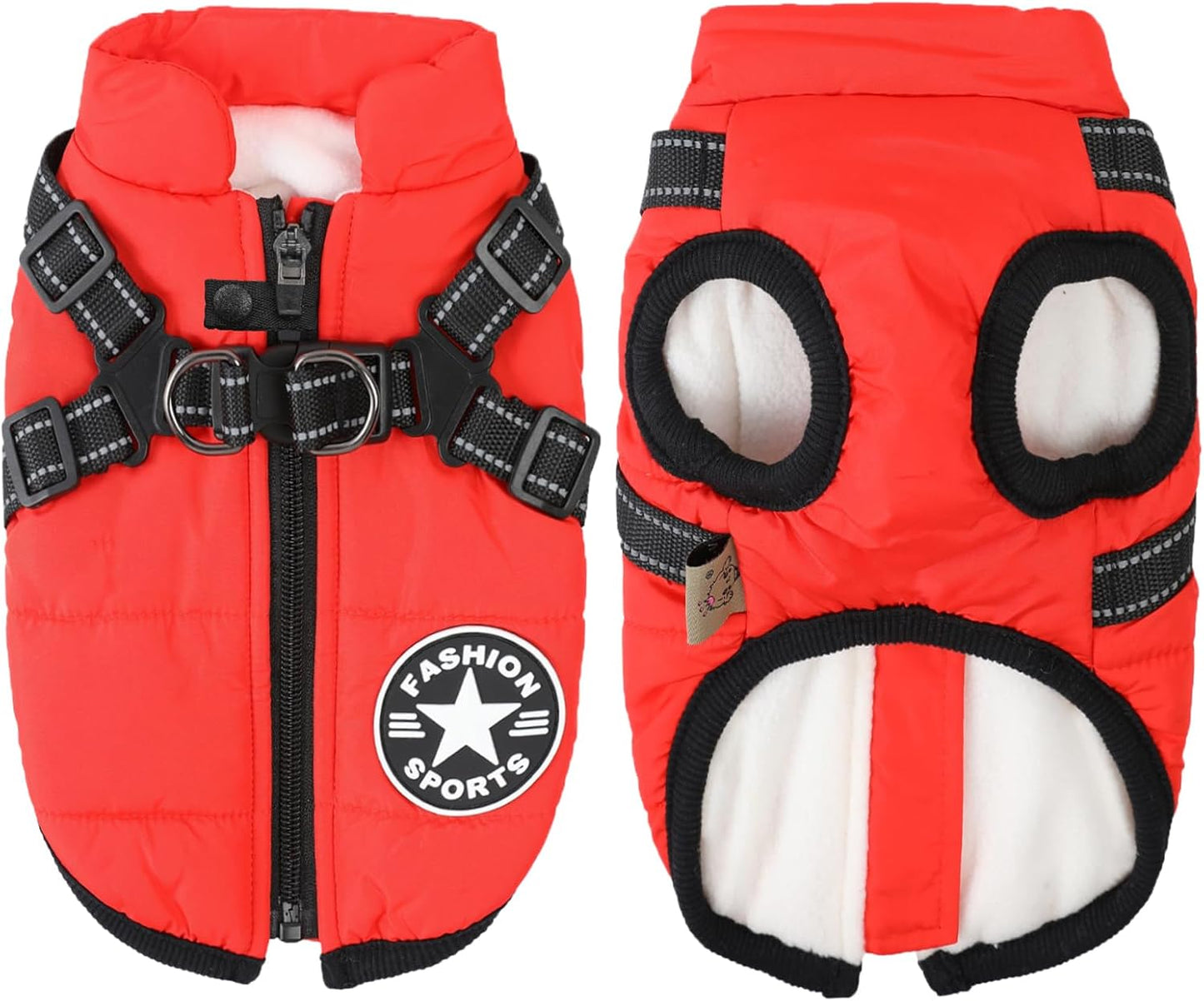 Aiboria Dog Jacket Windproof Warm Pet Fleece Coat Dog Sweater Padded Vest with Chest Strap Harness Red L