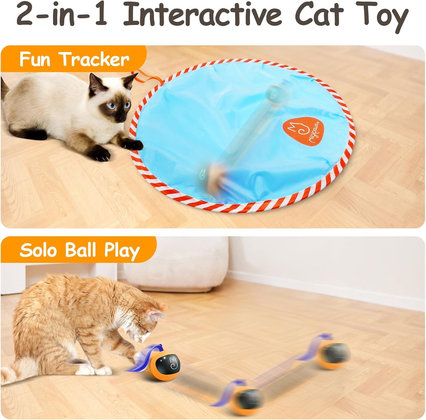 Migipaws Interactive Cat Ball Toy Set, Fun Tracker, Glowing Chase Ball with MystiChaser Pouch, Fluffy Tail, A Small Mice (Orange)