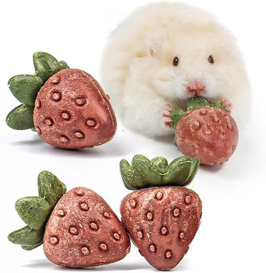 TEEWY Guinea Pig Toys, 4PCS Strawberry Shaped Hamster Toys, Natural Guinea Pig Chew Toys for Teeth Grinding, for Hamster, Gerbil, Chinchilla, Rat