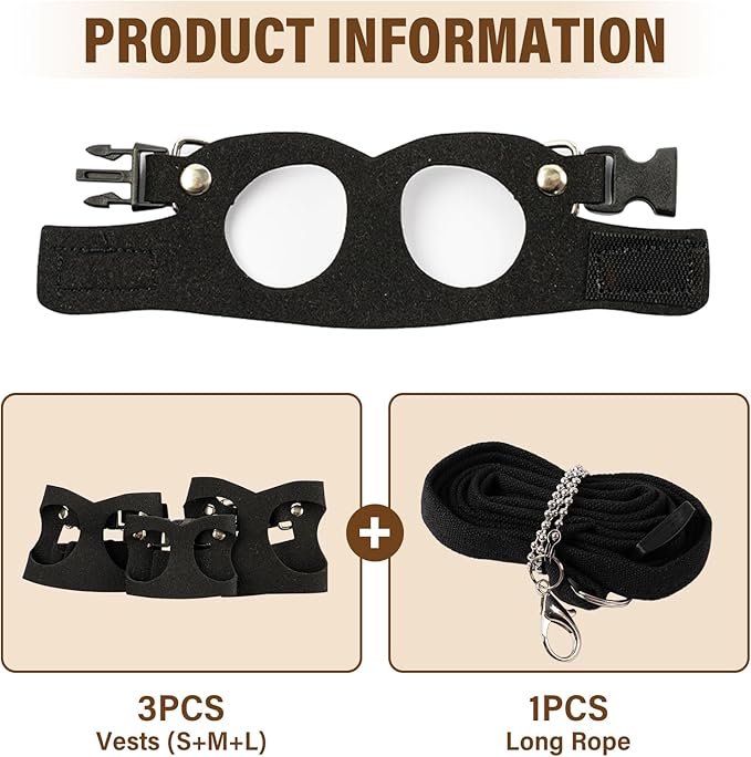 3Pcs Rat Harness and Leash, Small Animal Training Walking Vest Leash Adjustable Traction Rope Strap for Squirrel Gerbil Chinchilla Rat (Black)