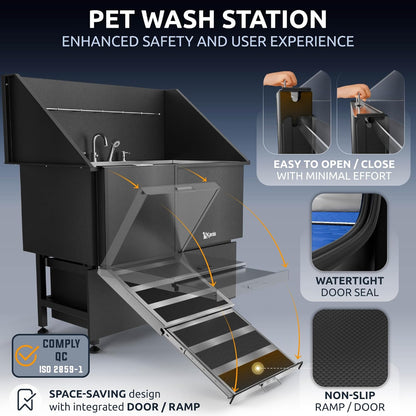 KANIS Black Line Professional Dog Washing Station - 304 Stainless Steel Pet Wash Sink & Grooming Bathtub w/Shower, Floor Grates and Storage for Large, Medium & Small Pets (50", 2 Drawers - Left Ramp)