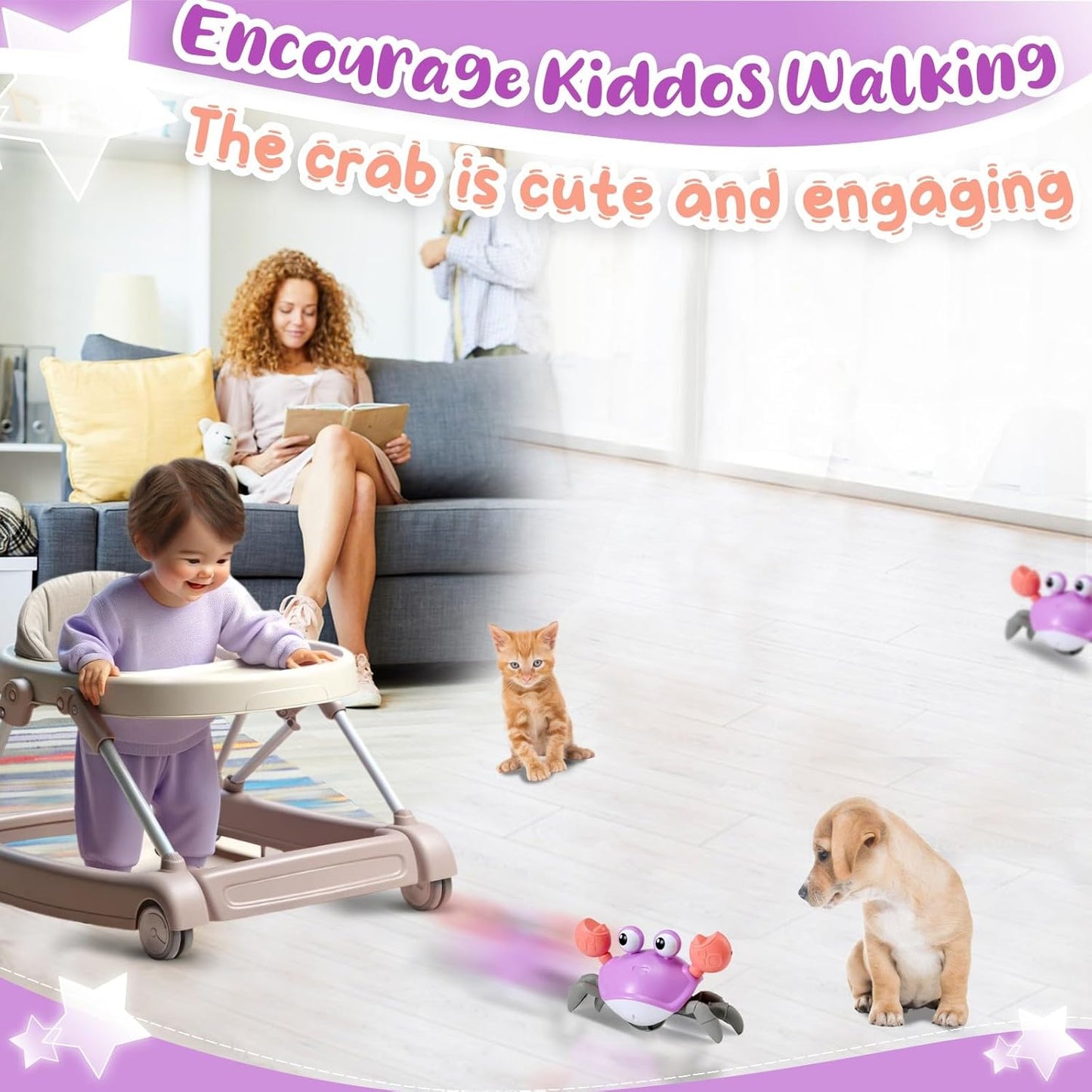 Purple Crawling Crab Baby Toy - Violet Tummy Time Crab Infant Walking Crab Dancing Moving Crawl Crab with Music & Light Cute Interactive Running Escape Catch Me Crab for Crawler Side Walk Toddler Crab