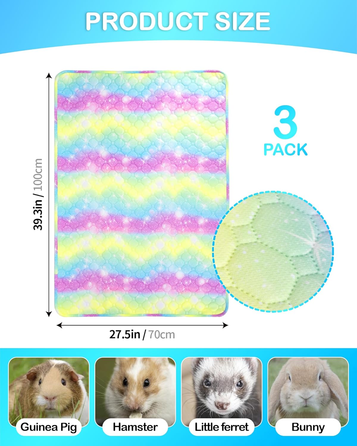 Guinea Pig Bedding,3Pack Washable & Super Absorbant Guinea Pig Cage Liner,Reusable Guinea Pig Pee Pads Anti Slip Guinea Pig Bedding for Small Animals Rabbits Hamster Rat Wave Rainbow