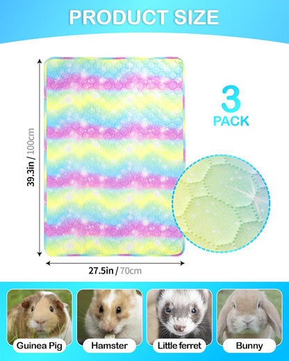 Guinea Pig Bedding,3Pack Washable & Super Absorbant Guinea Pig Cage Liner,Reusable Guinea Pig Pee Pads Anti Slip Guinea Pig Bedding for Small Animals Rabbits Hamster Rat Wave Rainbow