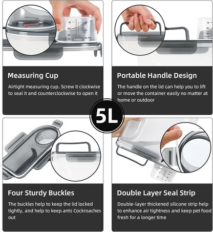 5-7Lbs Cat Dog Pet Food Storage Container with Large Nozzle Design/4 Safety Buckles/Double-Layer Sealing Strips/Handle/Measuring Cup is Easy to Clean and Does BPA-free (Clear Black)