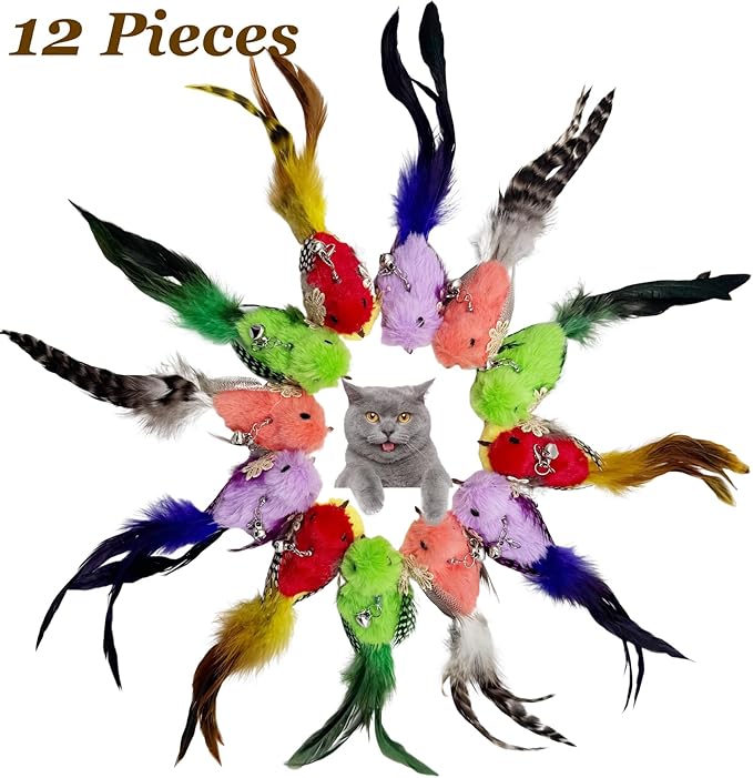 Cat Feather Toy Bird Refills, 12 Pieces Cat Wand Attachments Feather Bird Toy for Indoor Cats