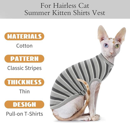 BRKURLEG Hairless Cats T Shirt, Cat Sweaters, Pullover Kitten Shirts, Sleeveless Round Collar Cotton Vest for Cornish Rex Devon Rex Peterbald and Small Dogs Sweater(Grey Stripes, L)