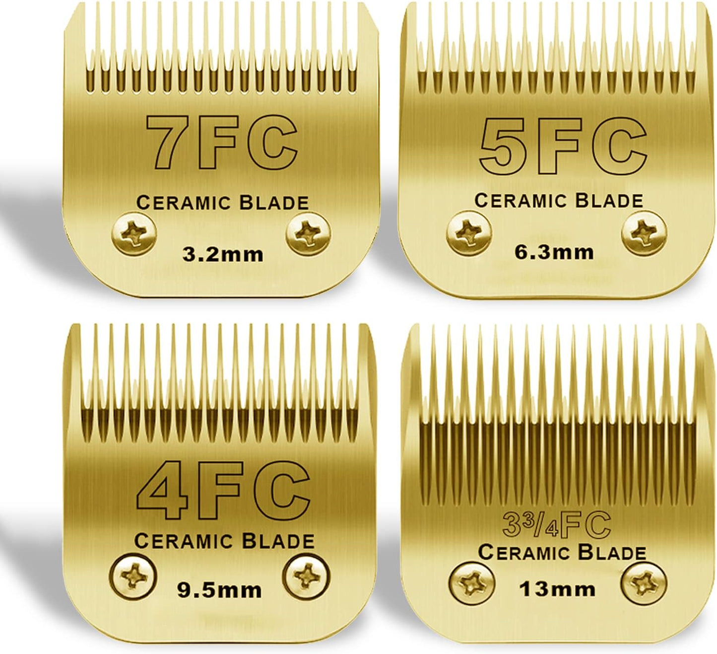 Detachable Pet Dog Grooming Clipper Ceramic Blades Set,Compatible with Andis,Oster A5,Wahl KM10 Series Clippers,Size 7FC/5FC/4FC/3FC 4 Pack,Gold