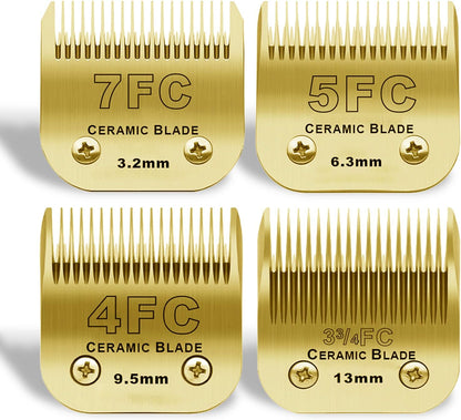 Detachable Pet Dog Grooming Clipper Ceramic Blades Set,Compatible with Andis,Oster A5,Wahl KM10 Series Clippers,Size 7FC/5FC/4FC/3FC 4 Pack,Gold