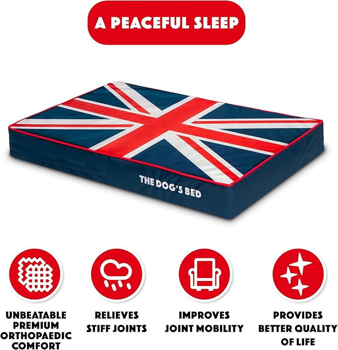 The Dog’s Bed Orthopedic Memory Foam Dog Bed, Medium Blue & Red Trim UK Center Flag, Pain Relief for Arthritis, Hip & Elbow Dysplasia, Post Surgery, Supportive, Calming, Waterproof Washable