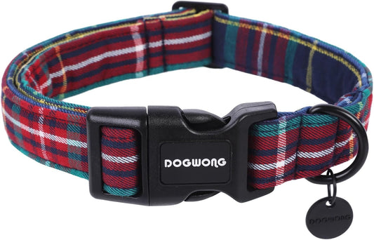 DOGWONG Christmas Cotton Dog Collar, Blue Tartan Christmas Dog Collar Durable Soft Fabric Pet Dog Collars Cute Blue Plaid Puppy Necklace for Small Medium Large Dogs