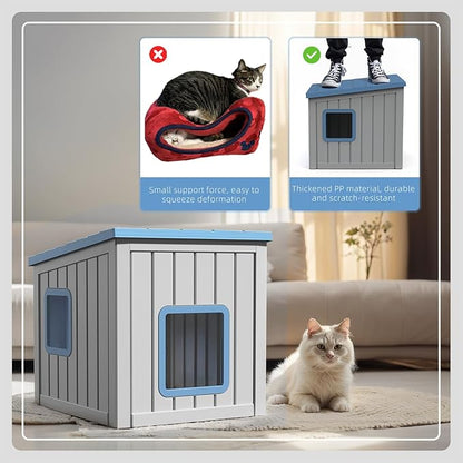 DRATO Outdoor Cat House,Waterproof PP Material Cat Houses for Feral Cats,Robust and Easy to Assemble,Feral Cat Shelter for Winter,Suitable for Cats, Rabbits and Other Small Animals (Blue, Small)