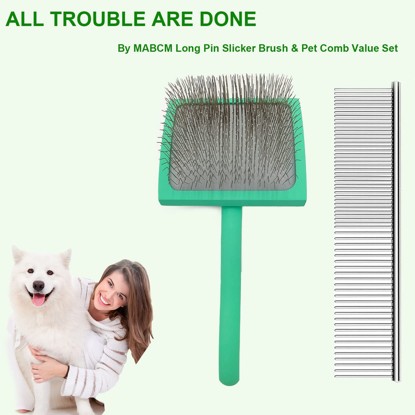 Large Slicker Dog Grooming Brush Kit - Ergonomic Wooden Handle, Long Pins for Goldendoodles, Poodles, Doodles & Haired Dogs (green)