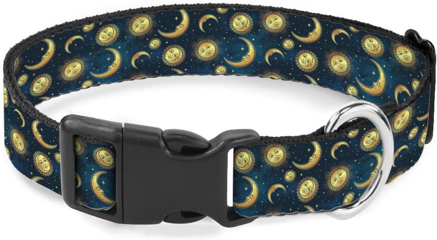 Gold Sun Moon Stars Dog Collar Pet Neck Strap for Small Medium Large Dogs Soft Adjustable Buckle