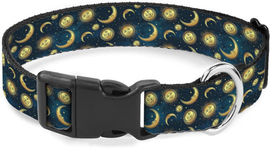 Gold Sun Moon Stars Dog Collar Pet Neck Strap for Small Medium Large Dogs Soft Adjustable Buckle