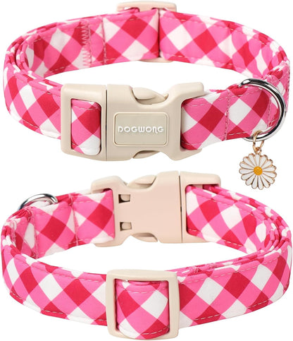 DOGWONG Pink Plaid Dog Collar, Pink Dog Collar Adjustable Soft Natural Fabric Girl Pet Dog Collars Cute Puppy Necklace for Small Medium Large Dogs