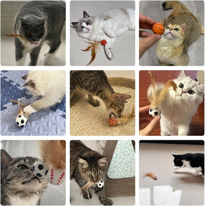 PAZ'S GIFT Interactive Cat Toys Set, 3 Piece Bouncing Badminton Ball with Feathers, Cat Chasing Exercise to Calm Down The kitten's Mood， Indoor Kitten Play