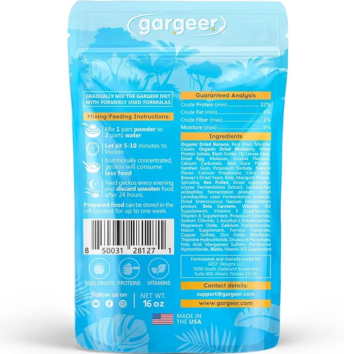 16oz Complete Crested Gecko Food Diet. Premium Ingredients Mix, Ready to Use Freshly Made Powder. Unique Superfood Formula, Developed & Made in The USA. Enjoy!