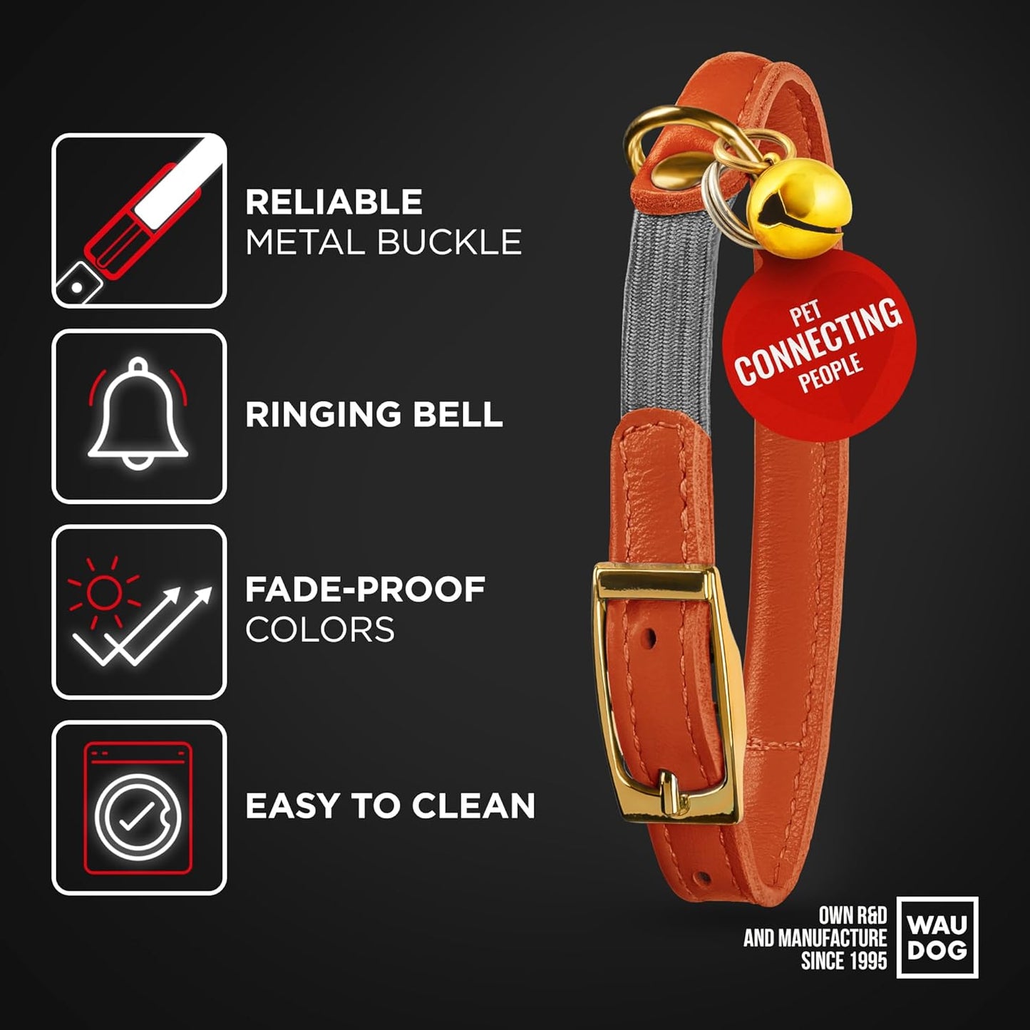 WAUDOG Ultra Soft Rolled Leather Cat Collar with Removable Bell, Safety Elastic Strap and QR ID Tag - Soft Padded for Small, Medium, and Large Cats - Round Kitten Collar for Male and Female Cats