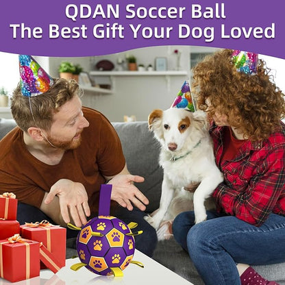 QDAN Dog Ropes Toys, Soccer Ball with Straps, Dogs Water Toy, Durable Dog Balls for Small Medium Breed（6 Inch）