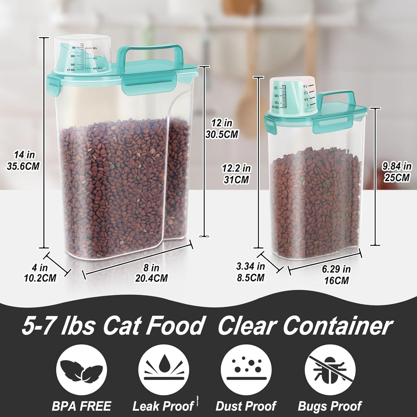 2Pack Cat Dog Food Storage Container with Upgraded Large Nozzle BPA-free, 3+5lbs Plastic Pet Food Containers with 4 Sealed Clasps/1 Measuring Cup/ Handle Easy to Clean and Carry (Clear Blue)