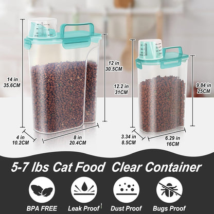 2Pack Cat Dog Food Storage Container with Upgraded Large Nozzle BPA-free, 3+5lbs Plastic Pet Food Containers with 4 Sealed Clasps/1 Measuring Cup/ Handle Easy to Clean and Carry (Clear Blue)