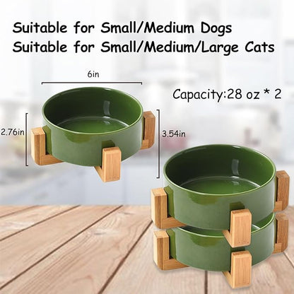 Petygooing Ceramic Dog Bowl Set with Stand, Cat & Dog Food and Water Bowls, Medium Size - Anti-Slip Set of 2 - 28 OZ /3.6 Cups - Rust Green